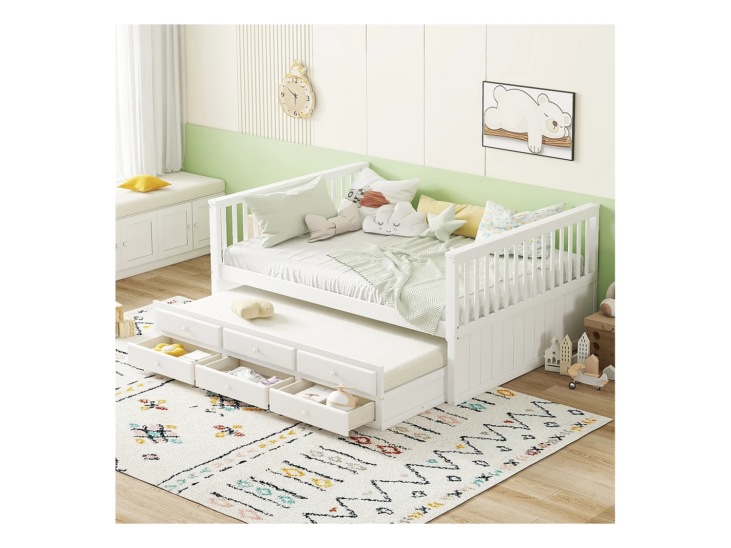 Rollbett 140 x 200 cm + 90 x 190 cm mit 3 Schubladen – Massivholz + MDF – Lattenrost – Weiß (ohne Matratze)