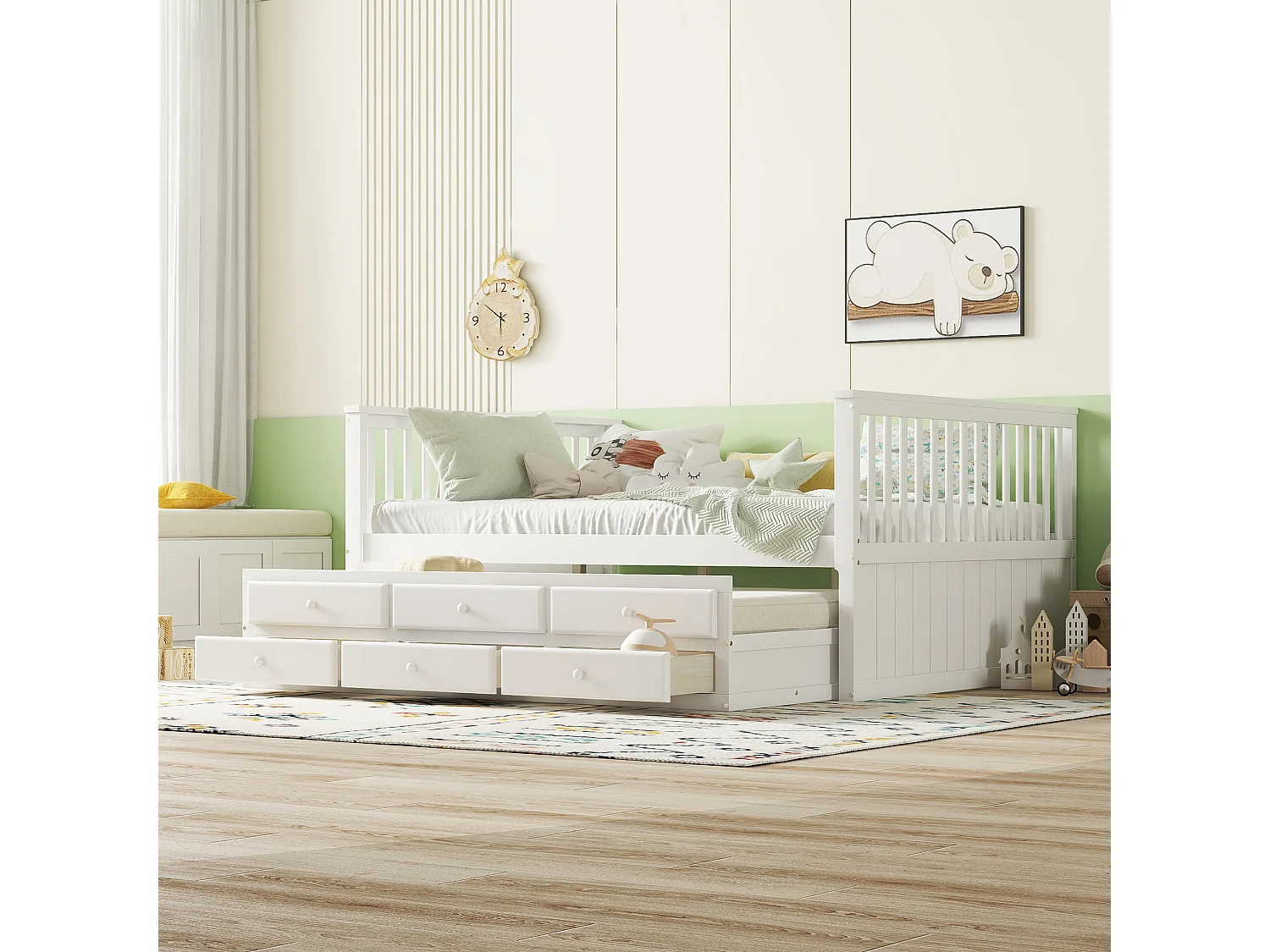 Lit gigogne 140 x 200 cm + 90 x 190 cm avec 3 tiroirs - Bois massif + MDF - Sommier à lattes - Blanc (sans matelas)