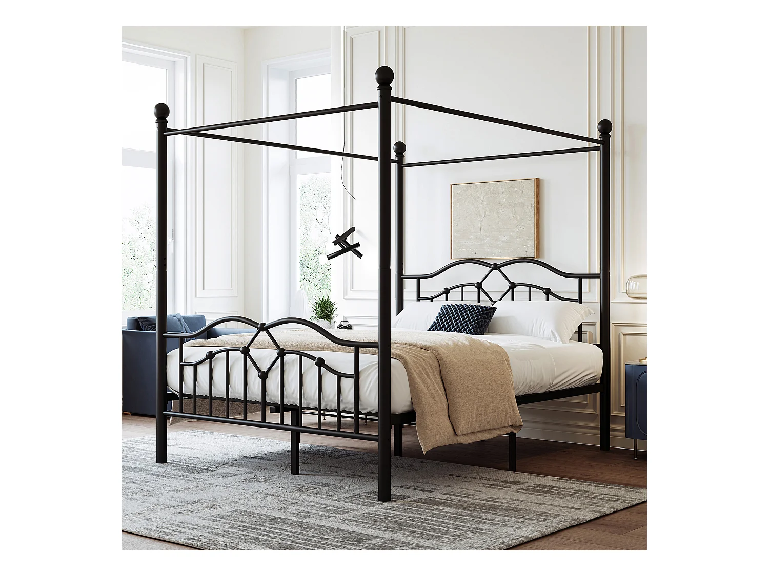 Hemelbed 140 x 200 cm - Metaal - Golvend hoofdeinde - Frans design - Zwart