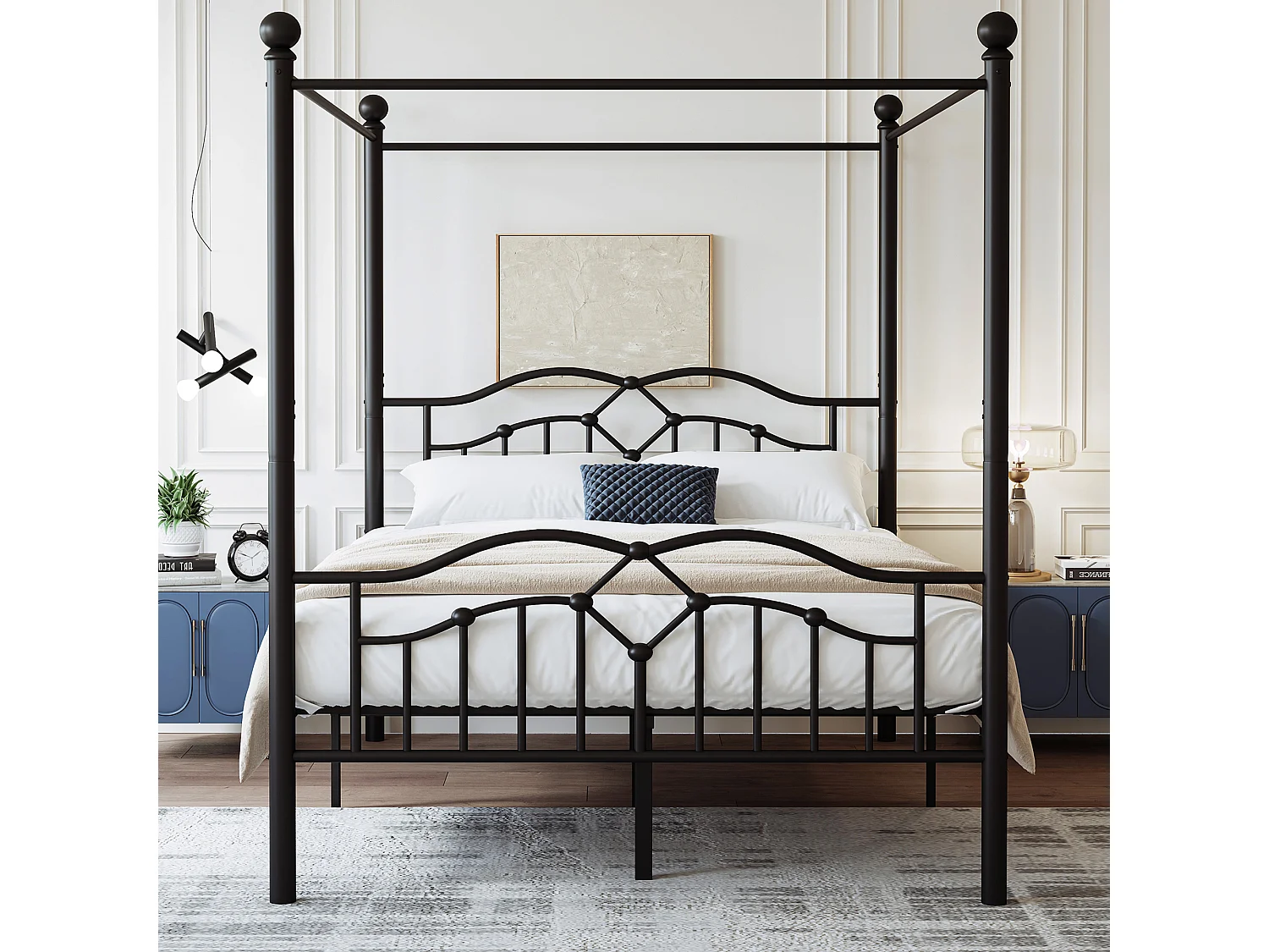 Cama de dossel 140 x 200 cm - Metal - Cabeceira ondulada - Design francês - Preto