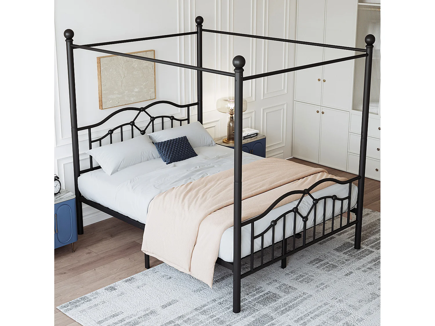 Cama de dossel 140 x 200 cm - Metal - Cabeceira ondulada - Design francês - Preto