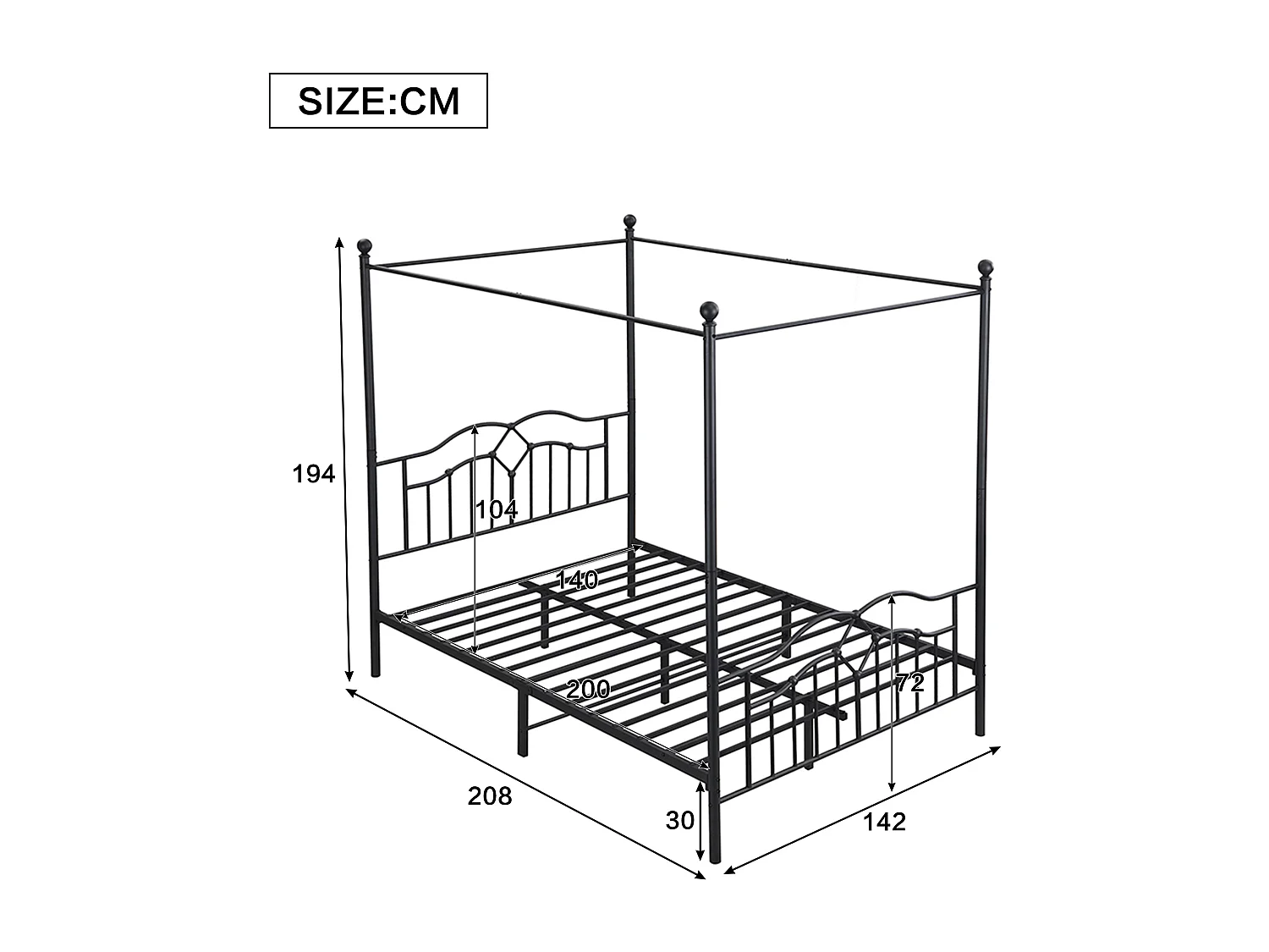 Cama de dossel 140 x 200 cm - Metal - Cabeceira ondulada - Design francês - Preto