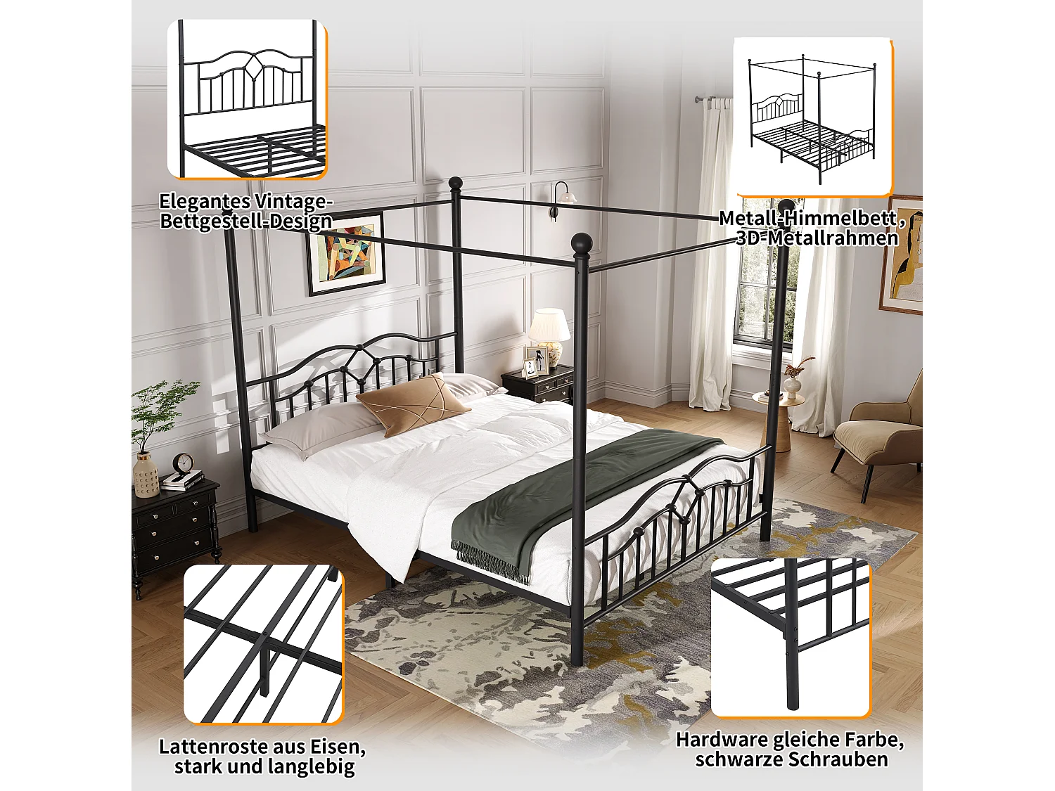 Cama de dossel 140 x 200 cm - Metal - Cabeceira ondulada - Design francês - Preto