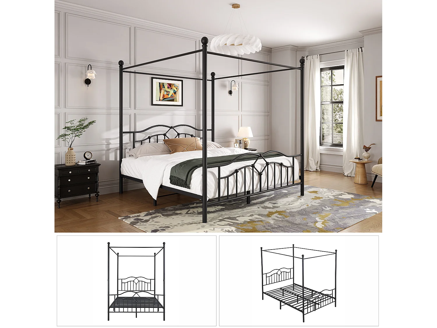 Cama de dossel 140 x 200 cm - Metal - Cabeceira ondulada - Design francês - Preto