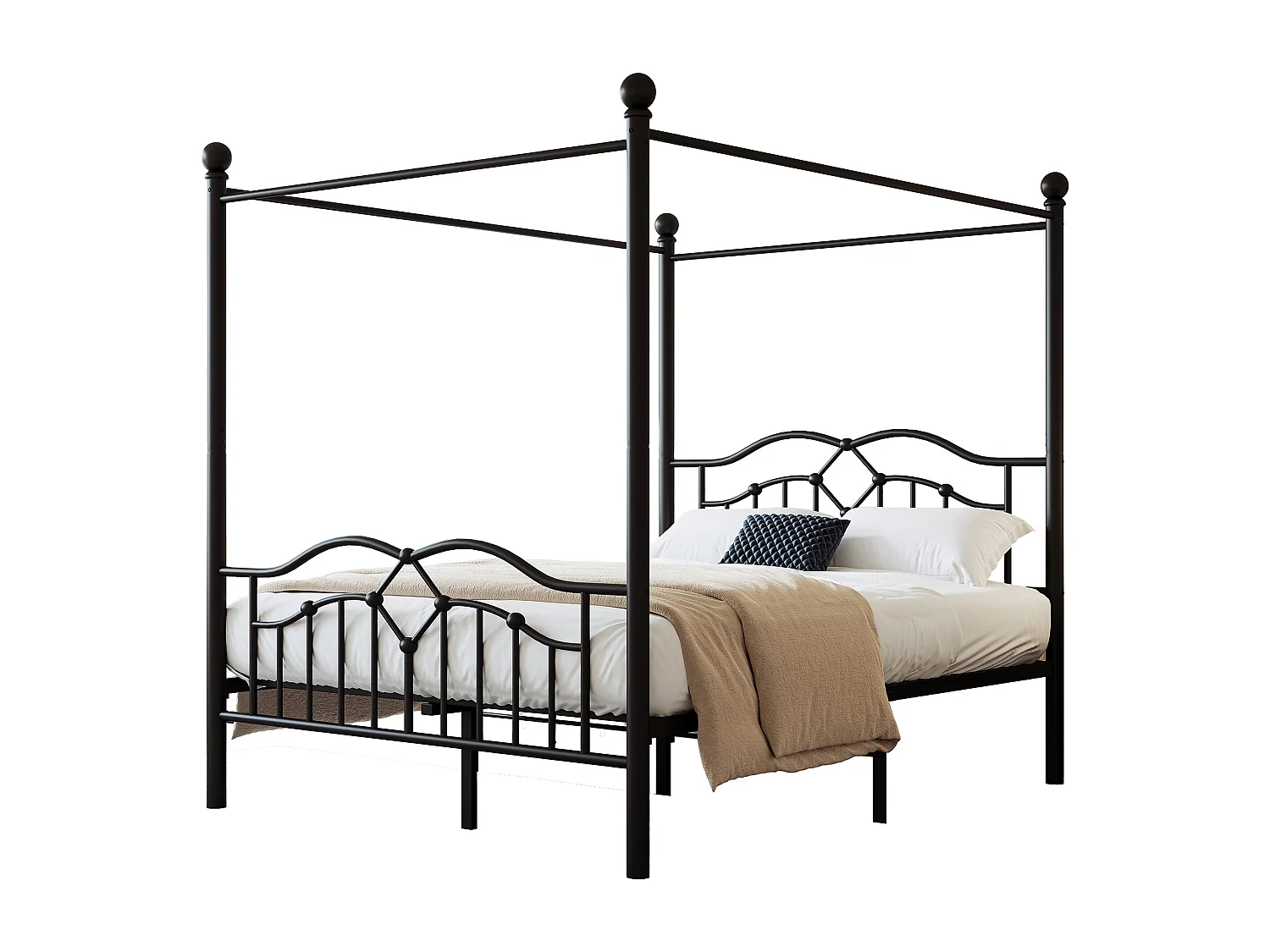 Cama de dossel 140 x 200 cm - Metal - Cabeceira ondulada - Design francês - Preto