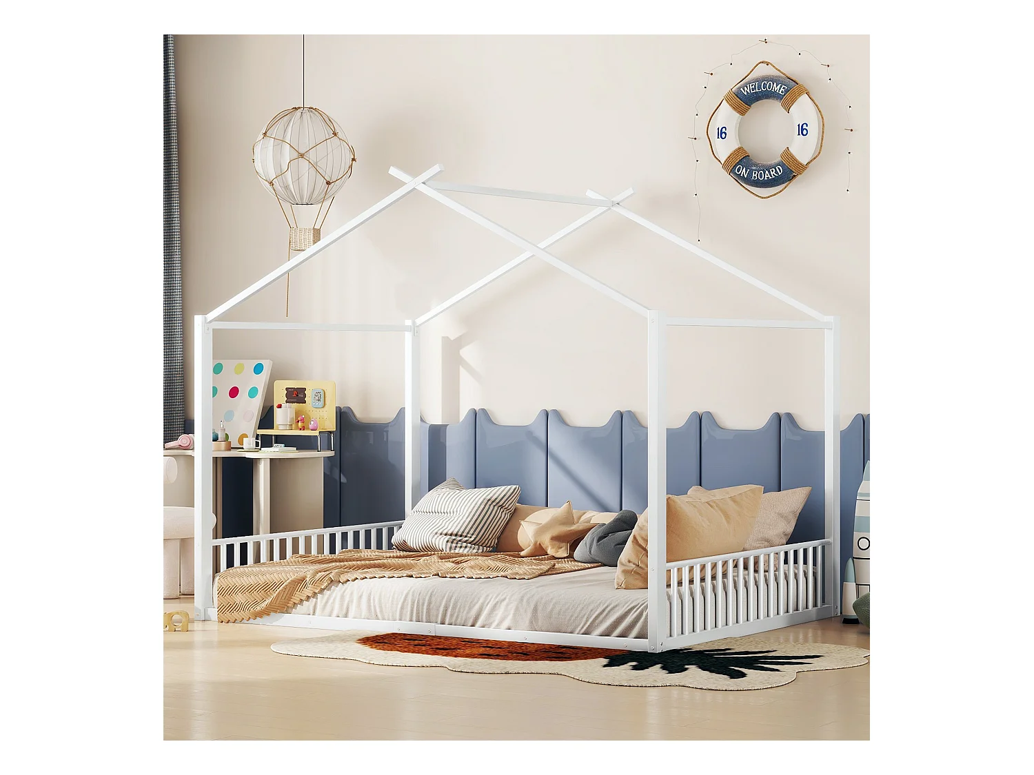 Lit cabane 140 x 200 cm avec tête de lit - Métal - Sommier à lattes - Blanc (sans matelas)