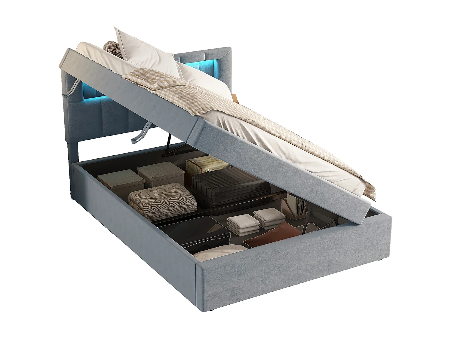 Lit coffre 90 x 200 cm avec tête de lit réglable - LEDs - Velours - Sommier à lattes - Gris (sans matelas)