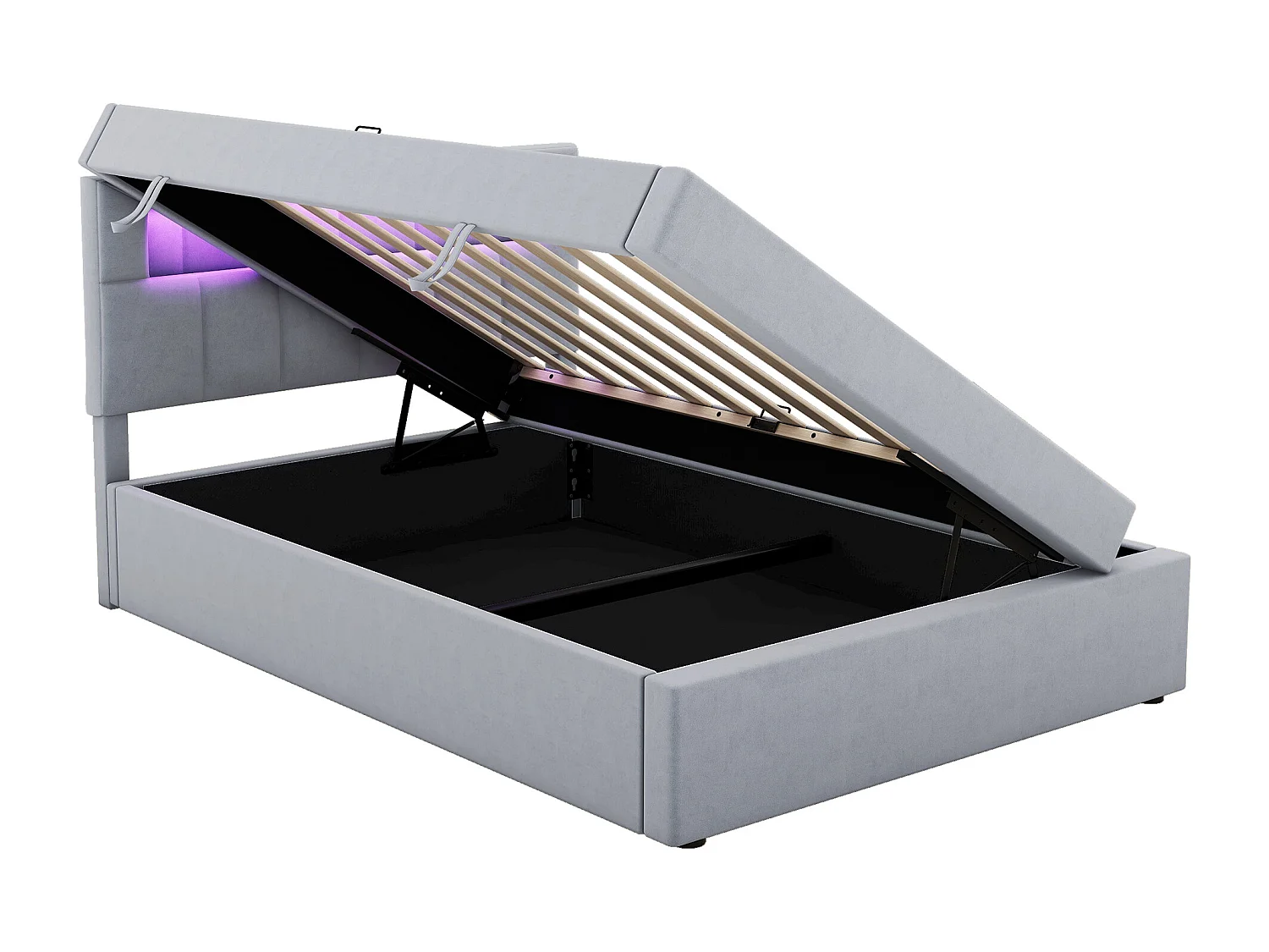 Lit coffre 90 x 200 cm avec tête de lit réglable - LEDs - Velours - Sommier à lattes - Gris (sans matelas)