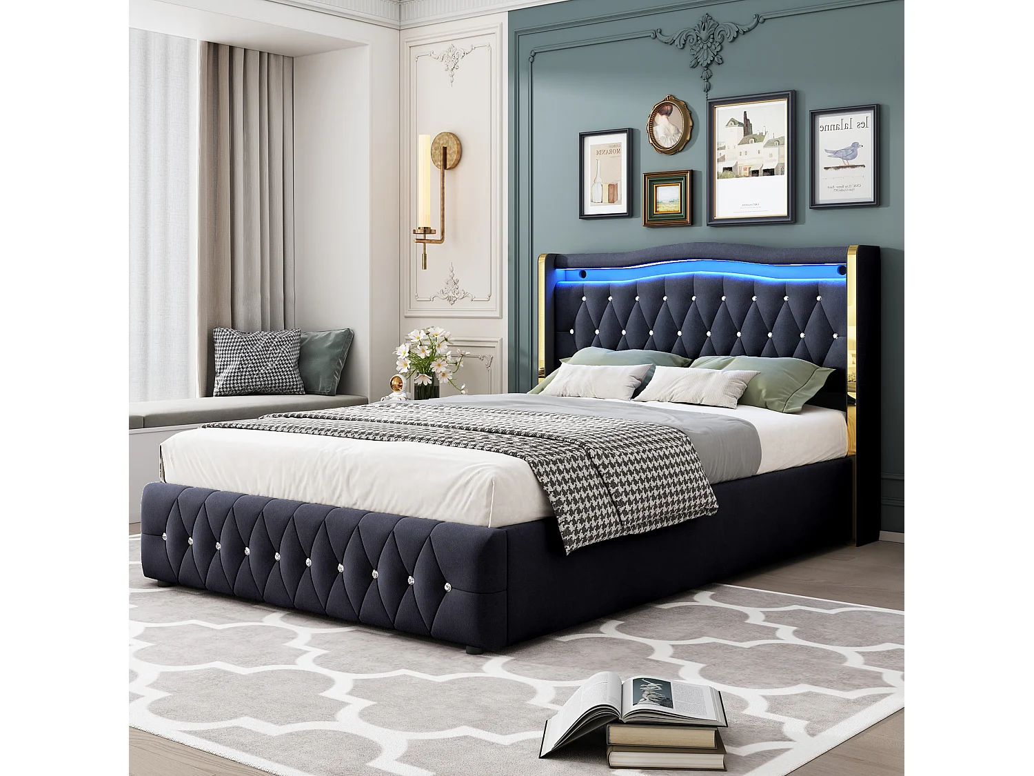 Stauraumbett 140 x 200 cm Kopfteil – LEDs – Samt – Rautendekor – Schwarz (ohne Matratze)