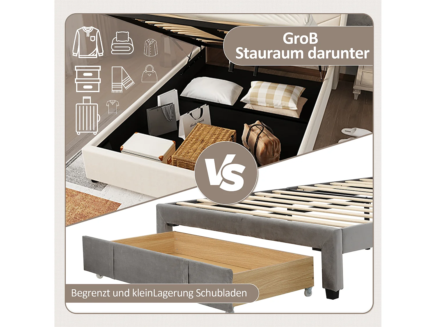 Letto contenitore 140 x 190 cm con testiera - Led e presa USB - Tessuto Lino - Rete a doghe - Grigio (senza materasso)