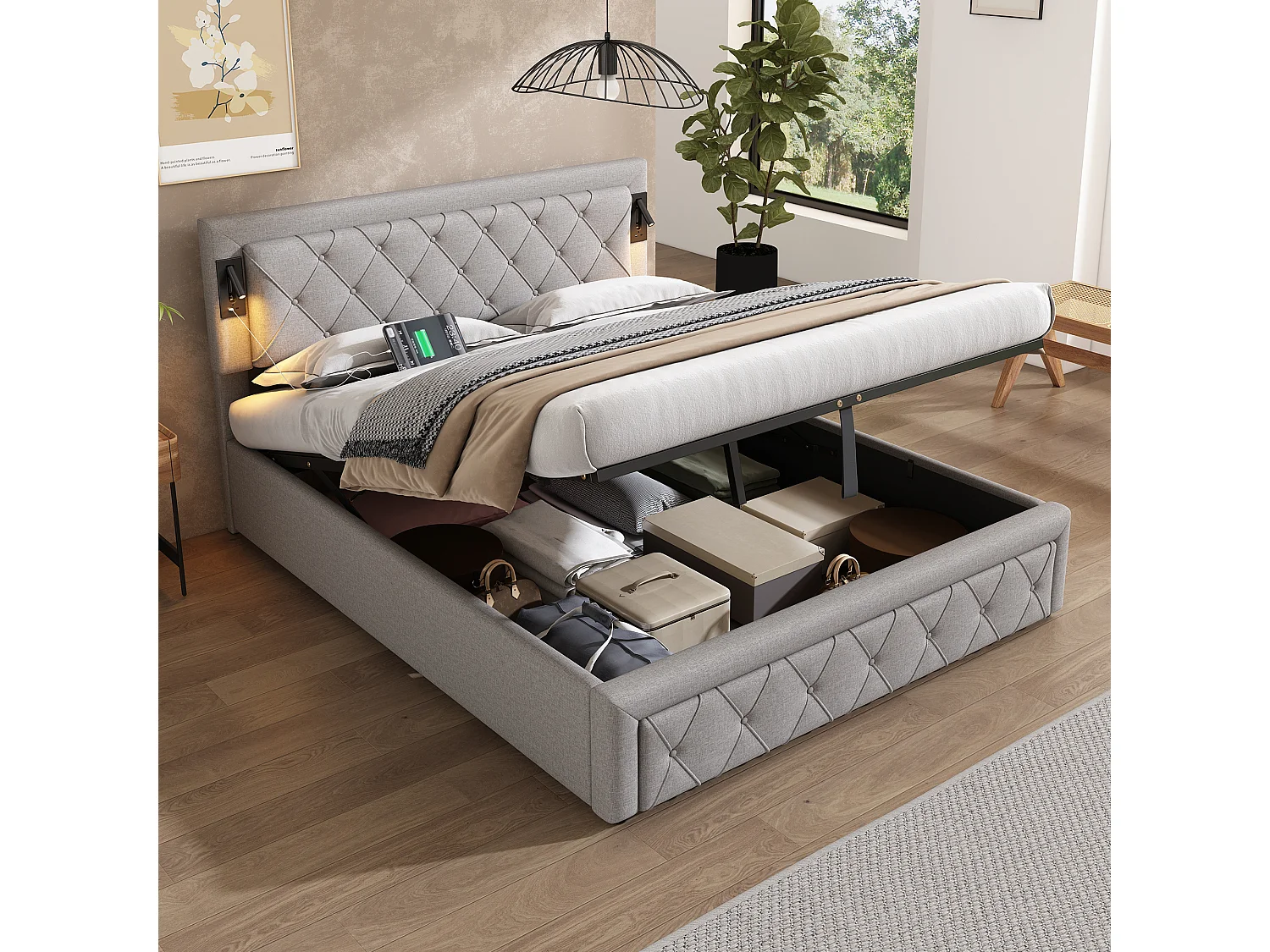 Opbergbed 160 x 200 cm hoofdeinde - LED's en USB-aansluitingen - Linnenstof - Ruitstreeppatroon - Grijs (zonder matras)