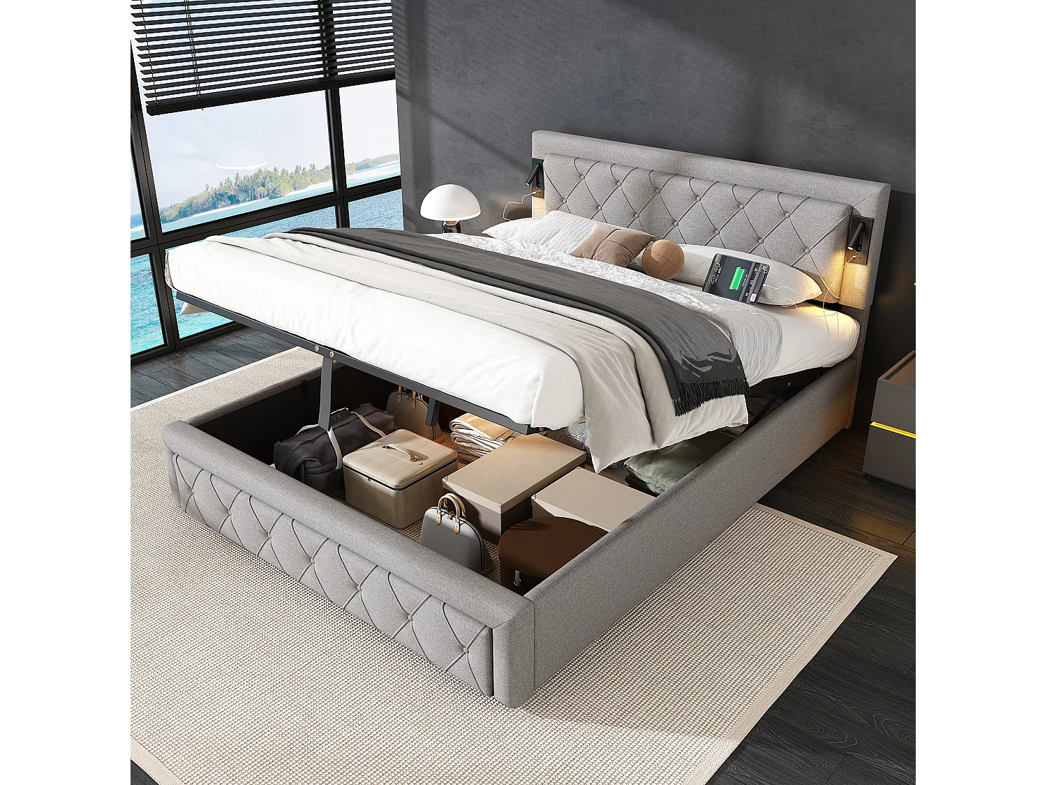 Opbergbed 160 x 200 cm hoofdeinde - LED's en USB-aansluitingen - Linnenstof - Ruitstreeppatroon - Grijs (zonder matras)