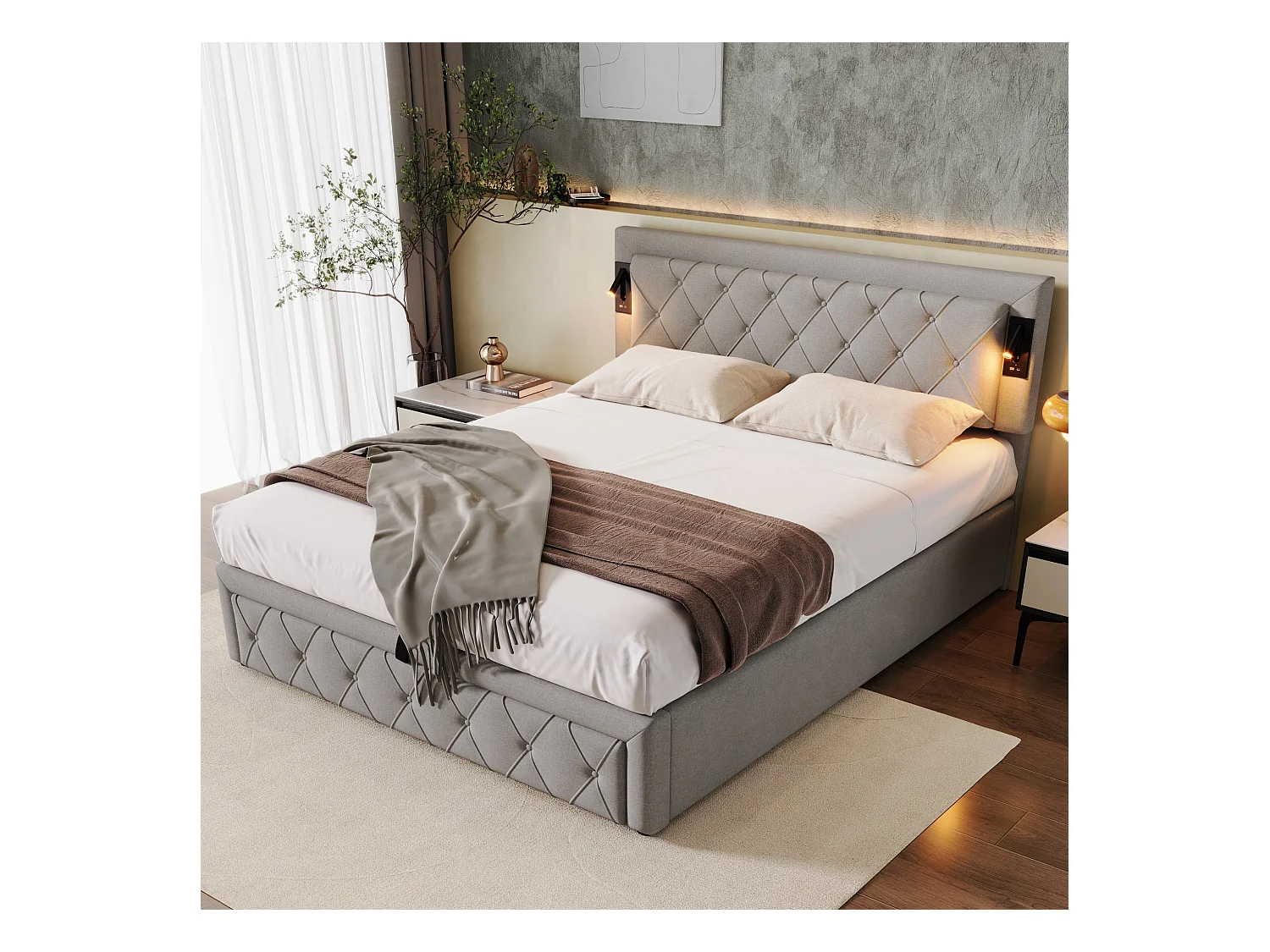Lit coffre 160 x 200 cm tête de lit - LEDs et prises USB - Tissu en lin - Motif rayures losanges - Gris (sans matelas)