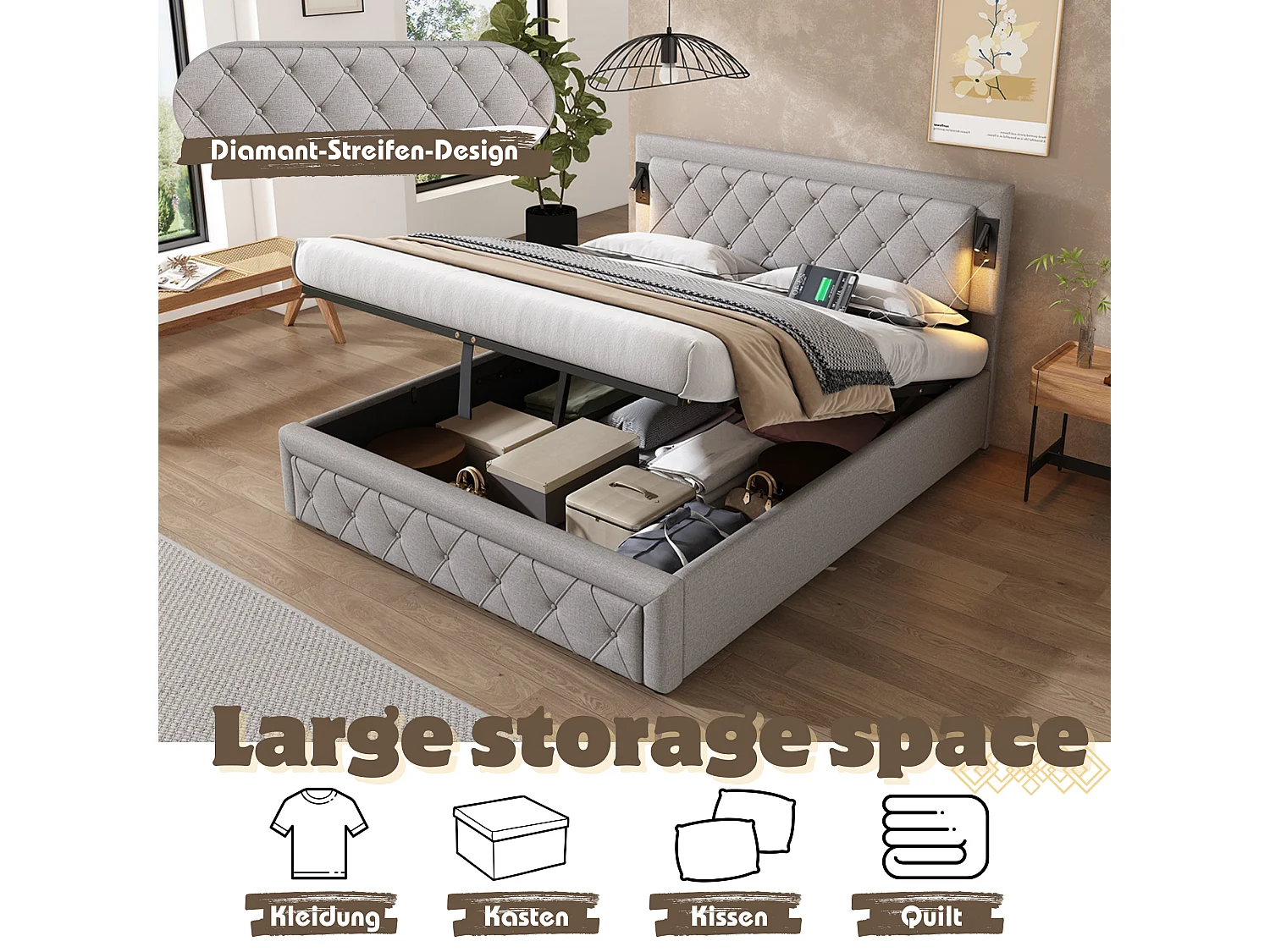 Lit coffre 160 x 200 cm tête de lit - LEDs et prises USB - Tissu en lin - Motif rayures losanges - Gris (sans matelas)