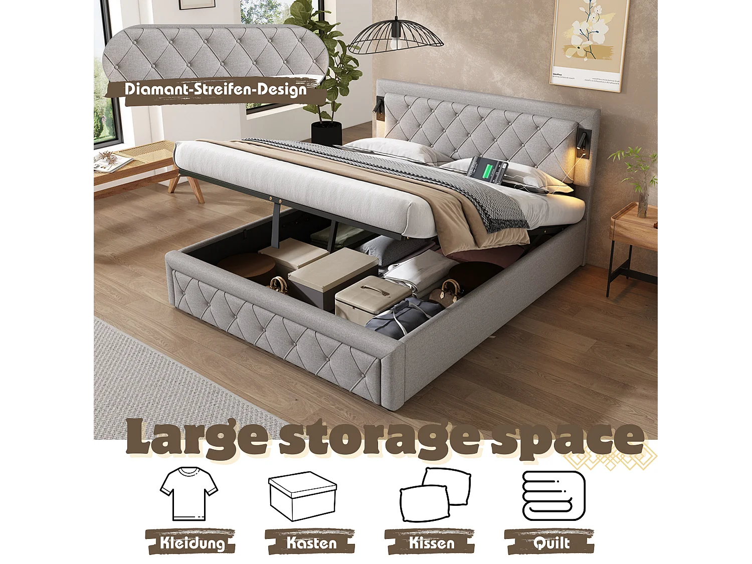 Lit coffre 160 x 200 cm tête de lit - LEDs et prises USB - Tissu en lin - Motif rayures losanges - Gris (sans matelas)