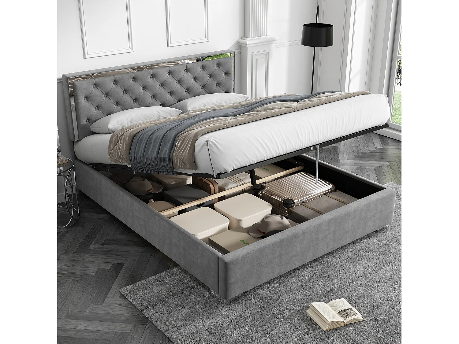 Letto contenitore 160 x 200 cm con testiera - Velluto - Piedini in acciaio inox - Rete a doghe - Grigio (senza materasso)