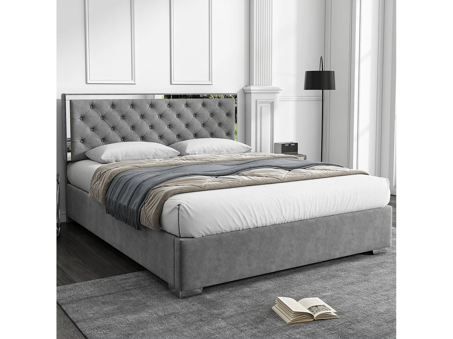 Letto contenitore 160 x 200 cm con testiera - Velluto - Piedini in acciaio inox - Rete a doghe - Grigio (senza materasso)