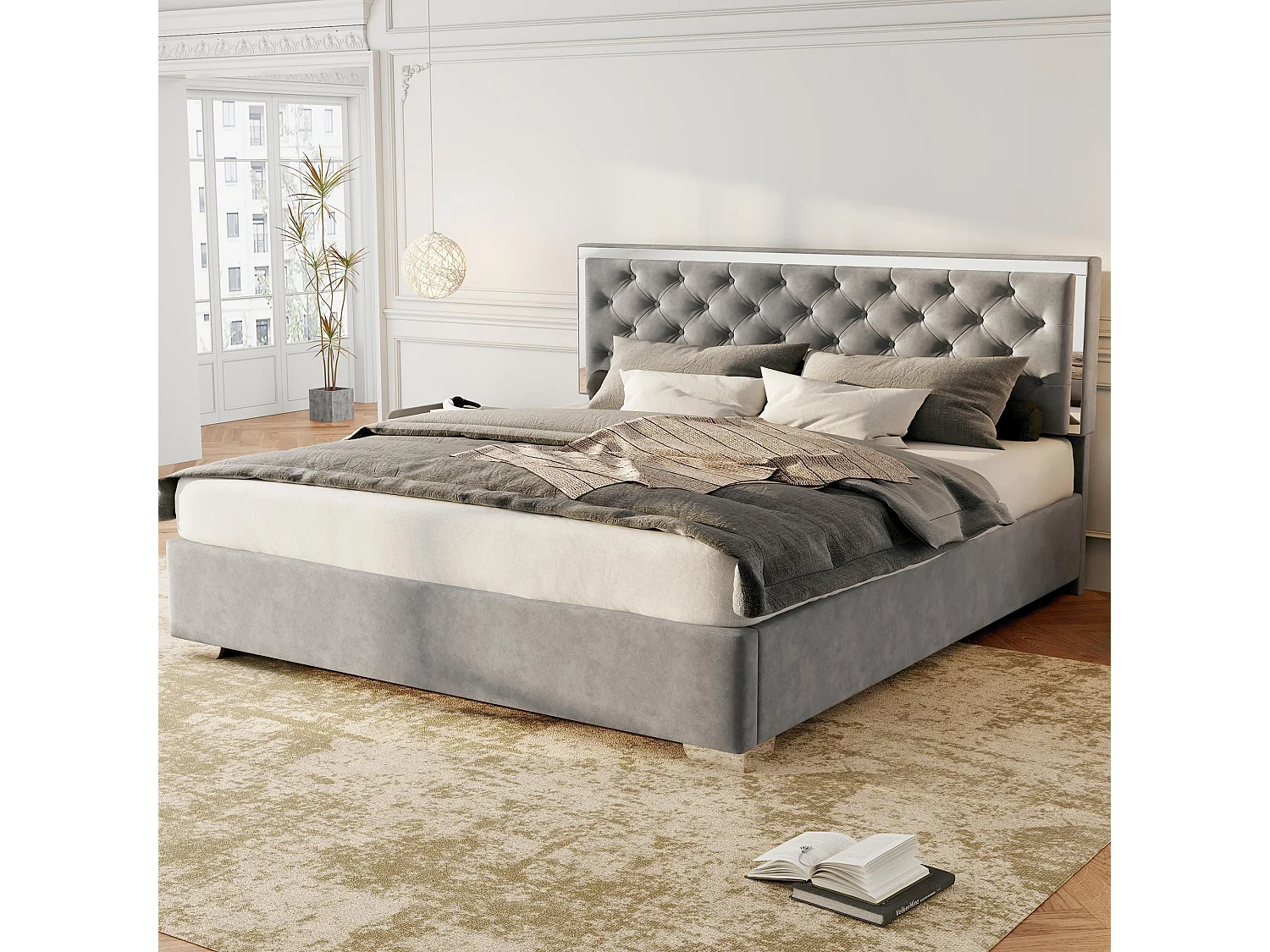 Letto contenitore 160 x 200 cm con testiera - Velluto - Piedini in acciaio inox - Rete a doghe - Grigio (senza materasso)