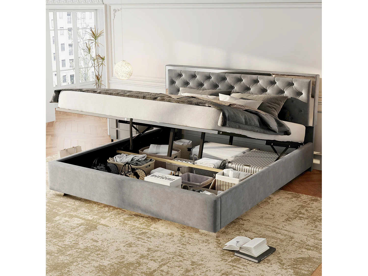 Letto contenitore 160 x 200 cm con testiera - Velluto - Piedini in acciaio inox - Rete a doghe - Grigio (senza materasso)