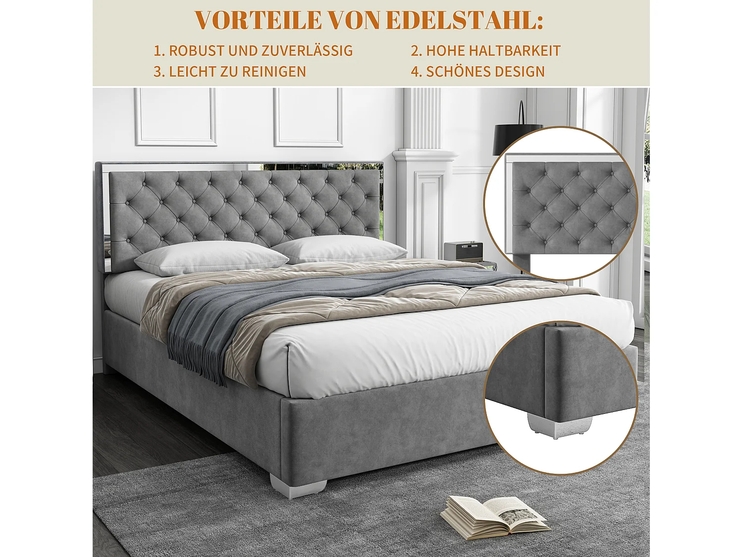 Letto contenitore 160 x 200 cm con testiera - Velluto - Piedini in acciaio inox - Rete a doghe - Grigio (senza materasso)