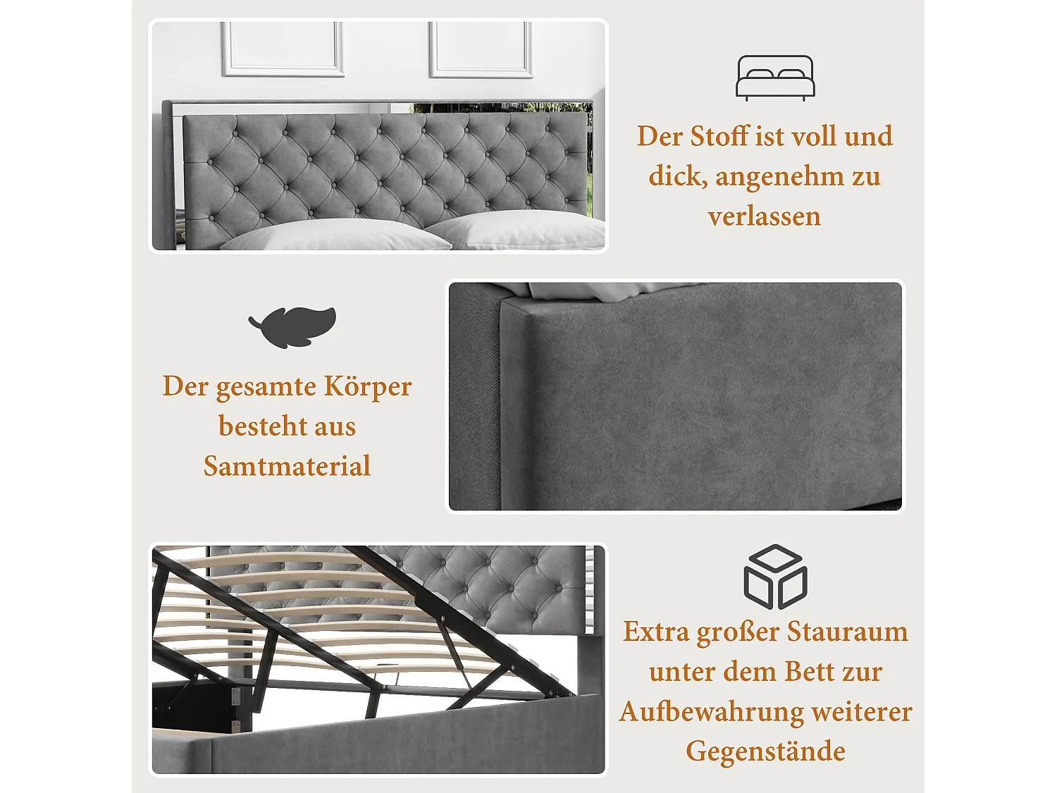 Letto contenitore 160 x 200 cm con testiera - Velluto - Piedini in acciaio inox - Rete a doghe - Grigio (senza materasso)