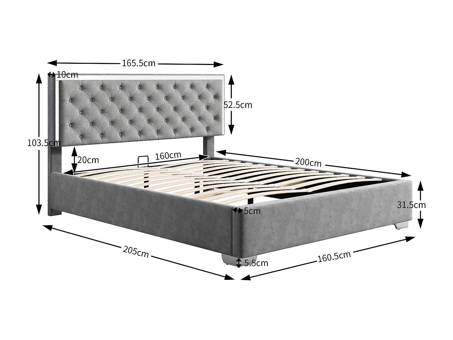 Letto contenitore 160 x 200 cm con testiera - Velluto - Piedini in acciaio inox - Rete a doghe - Grigio (senza materasso)