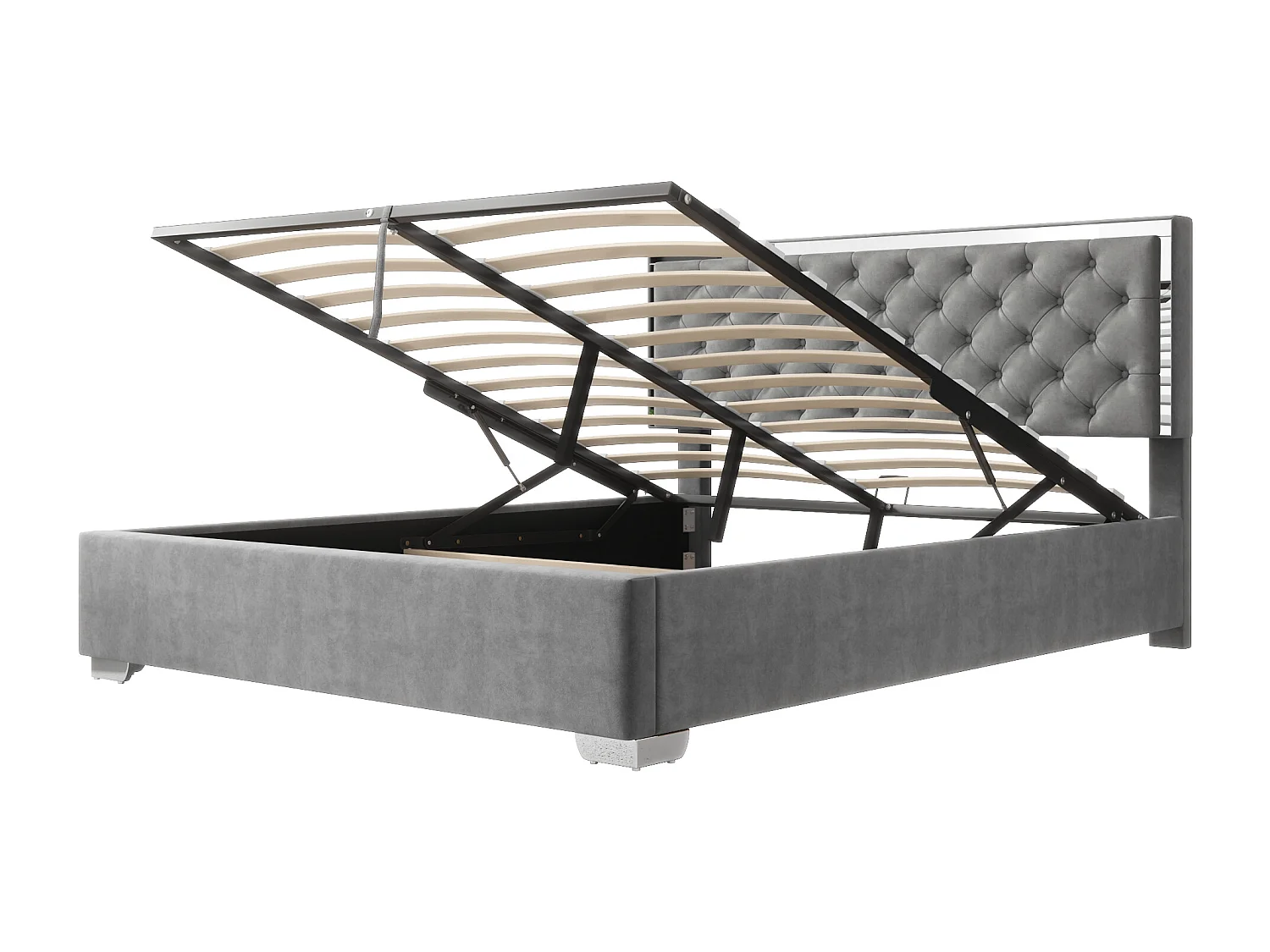 Letto contenitore 160 x 200 cm con testiera - Velluto - Piedini in acciaio inox - Rete a doghe - Grigio (senza materasso)