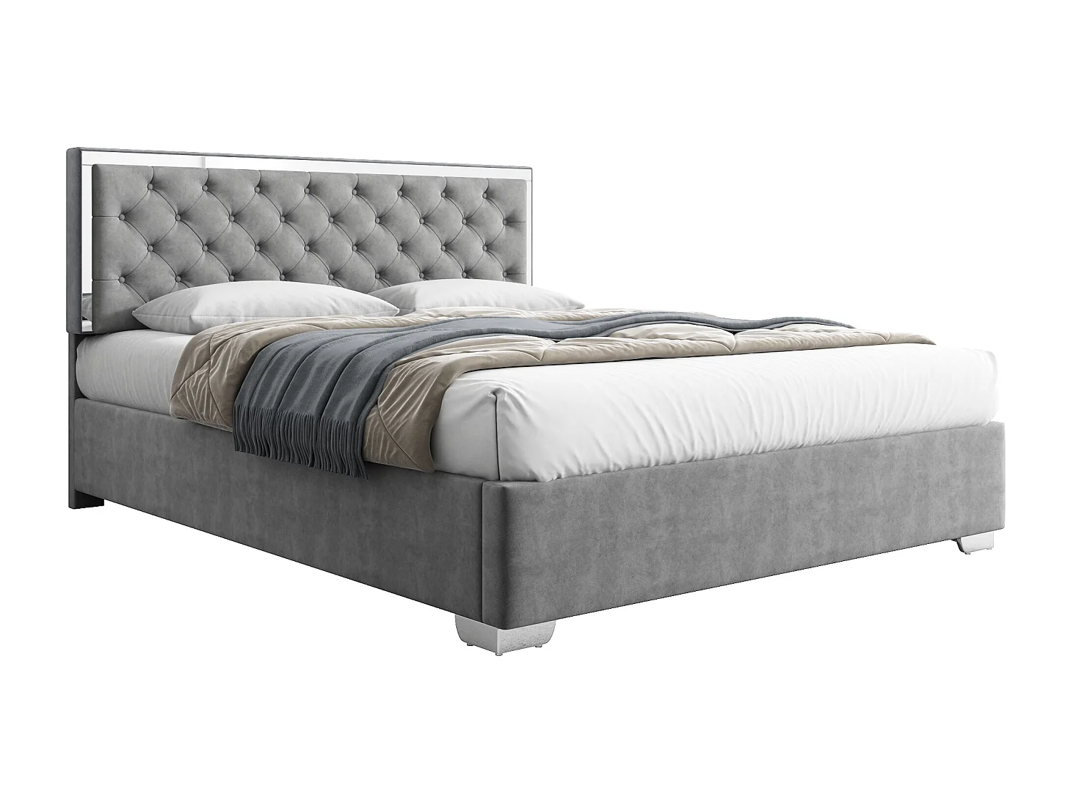 Letto contenitore 160 x 200 cm con testiera - Velluto - Piedini in acciaio inox - Rete a doghe - Grigio (senza materasso)