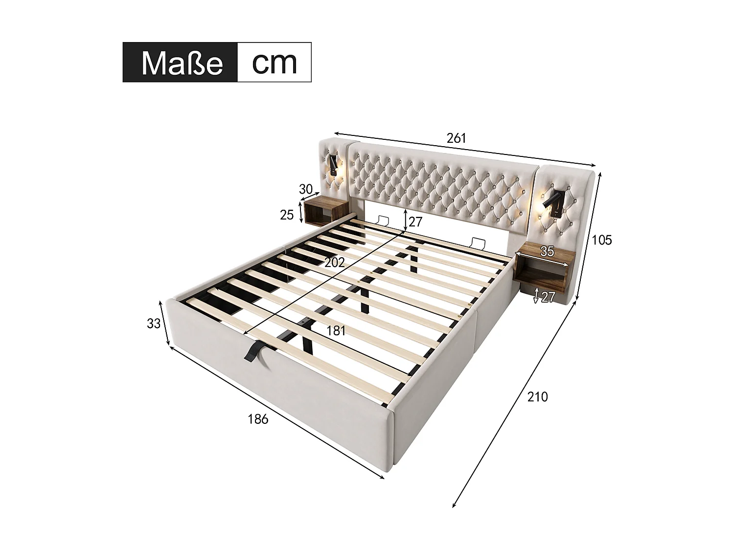Lit coffre 180 x 200 cm avec tête de lit et 2 tables de chevet - lampe de lecture et prises USB - Velours - Beige (sans matelas)