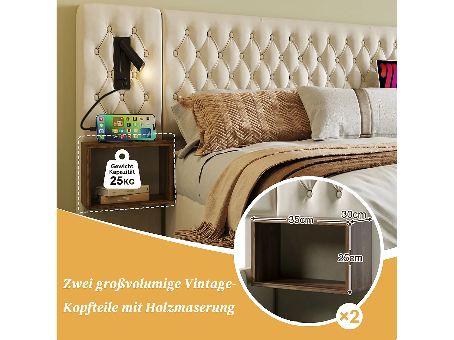 Lit coffre 180 x 200 cm avec tête de lit et 2 tables de chevet - lampe de lecture et prises USB - Velours - Beige (sans matelas)