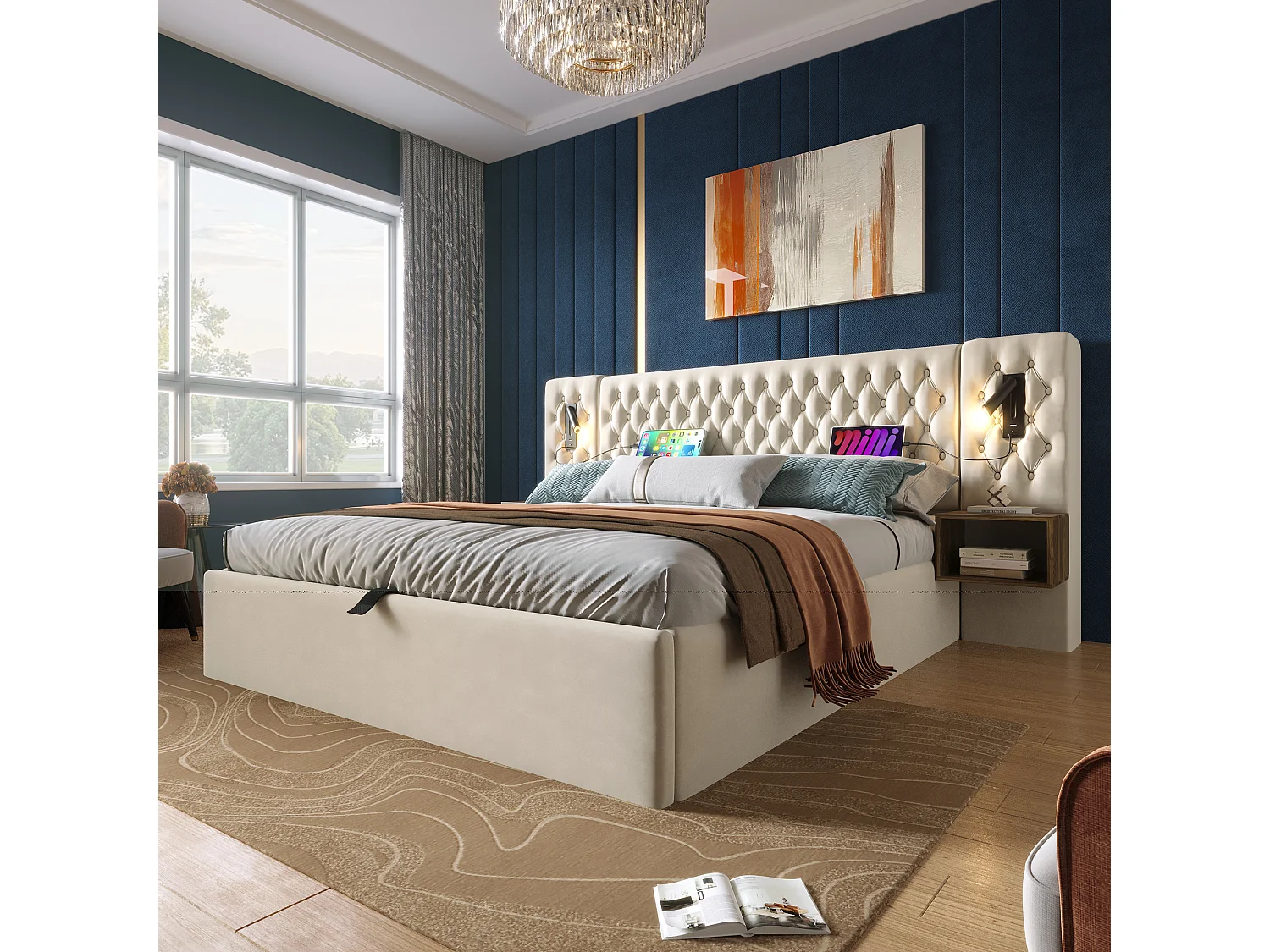 Lit coffre 180 x 200 cm avec tête de lit et 2 tables de chevet - lampe de lecture et prises USB - Velours - Beige (sans matelas)