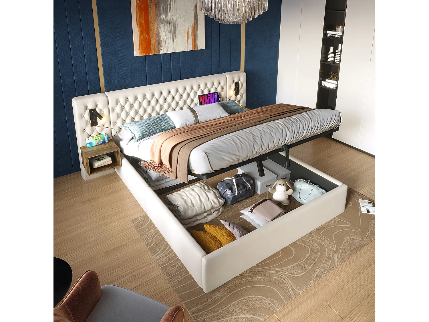 Lit coffre 180 x 200 cm avec tête de lit et 2 tables de chevet - lampe de lecture et prises USB - Velours - Beige (sans matelas)