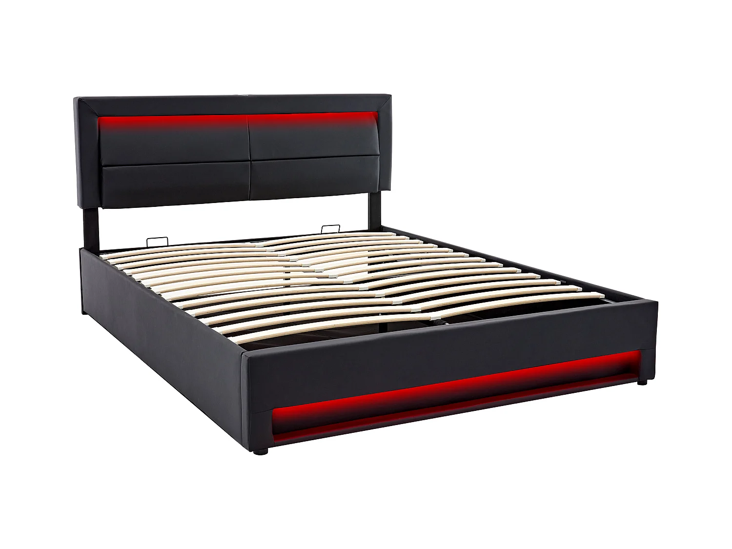 160 x 200 Stauraumbett mit Kopfteil - USB-Steckdosen und LEDs - PU-Leder - Lattenrost - Schwarz (ohne Matratze)