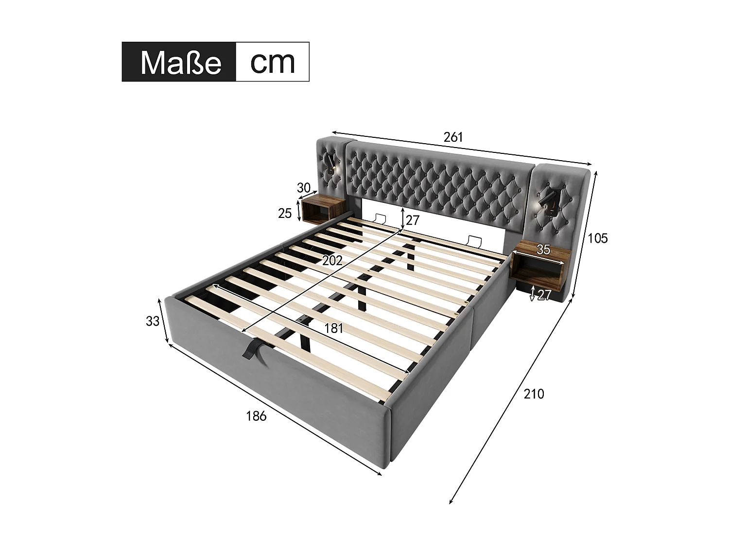 Cama contenedor 180 x 200 cm con cabecero y 2 mesitas de noche - lámpara de lectura y tomas USB - Terciopelo - Gris (sin colchón)