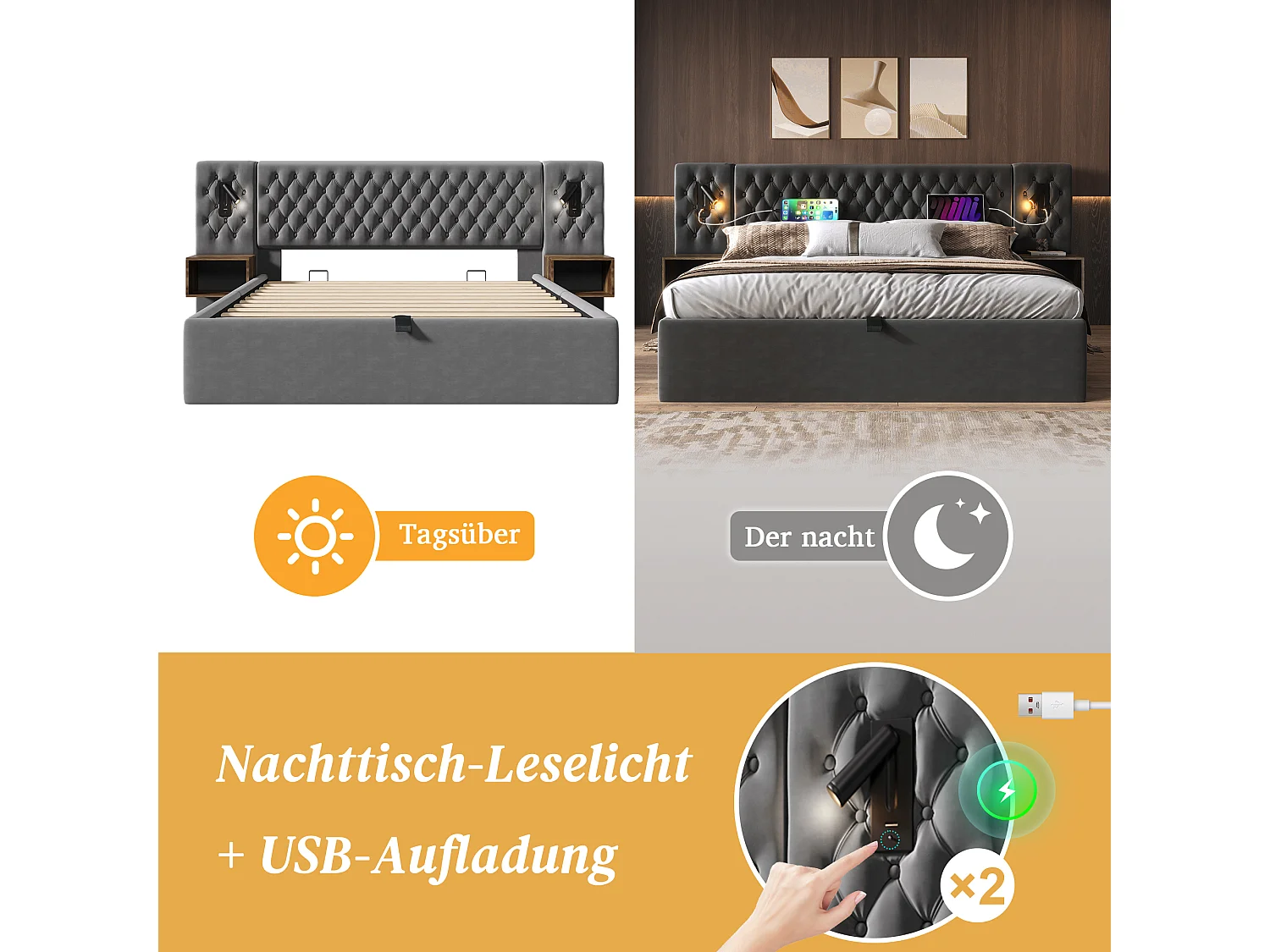 Cama contenedor 180 x 200 cm con cabecero y 2 mesitas de noche - lámpara de lectura y tomas USB - Terciopelo - Gris (sin colchón)