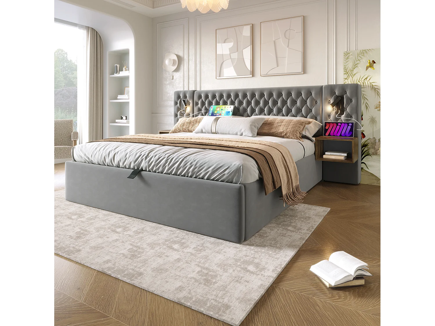Cama contenedor 180 x 200 cm con cabecero y 2 mesitas de noche - lámpara de lectura y tomas USB - Terciopelo - Gris (sin colchón)