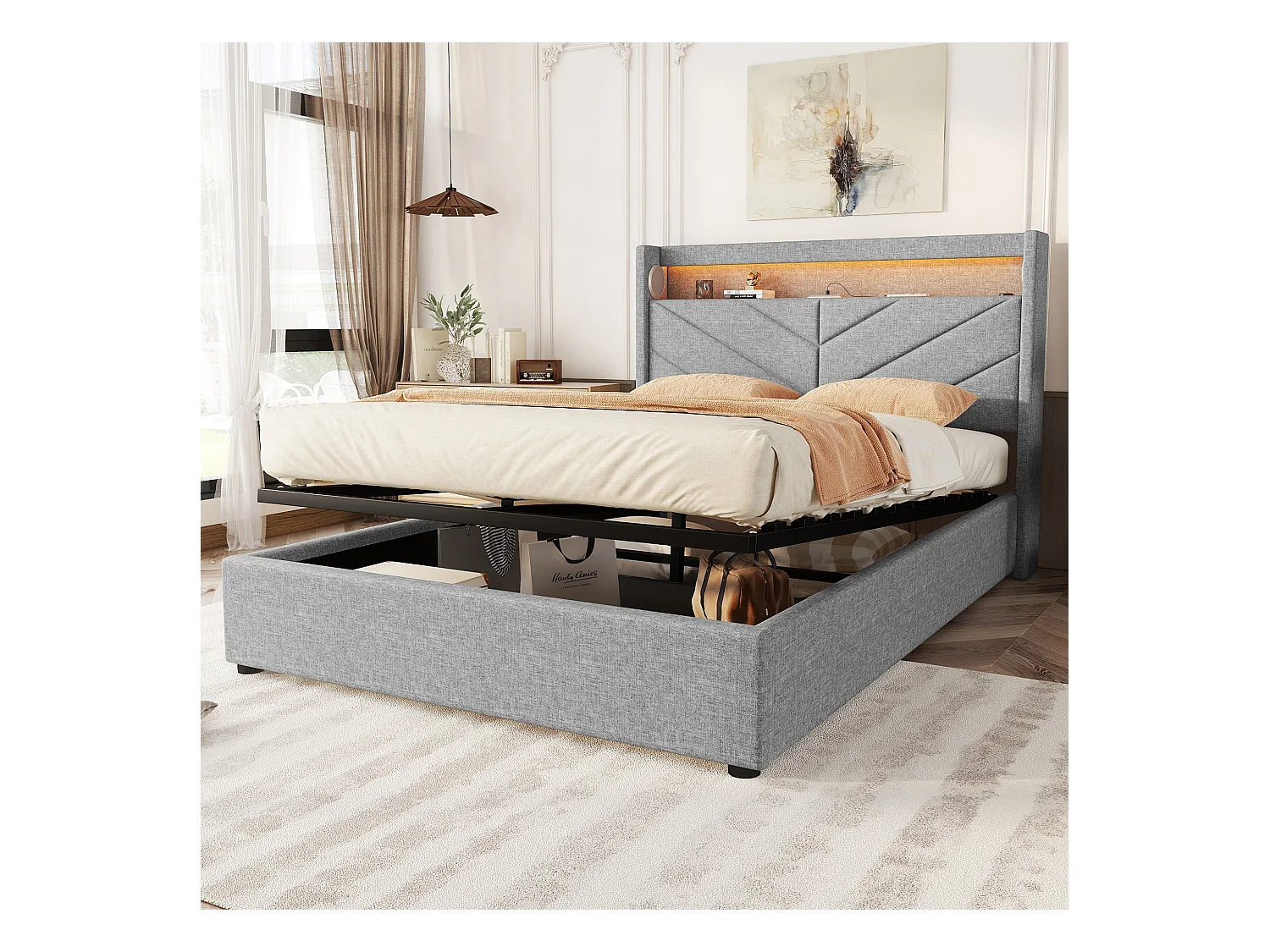 Lit coffre 140 x 190 cm avec tête de lit - LEDs et prise USB - Tissu en lin - Sommier à lattes - Gris (sans matelas)