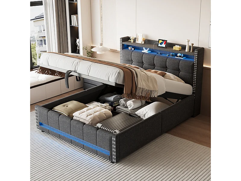 Lit coffre 140 x 200 cm avec tête de lit et étagères - LEDs + prise USB - Tissu en lin - Gris (sans matelas)