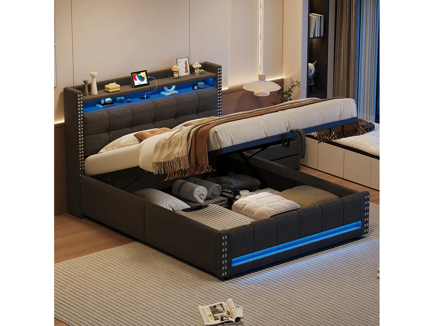 Cama contenedor 140 x 200 cm con cabecero y estantes - LEDs + toma USB - Tela de lino - Gris (sin colchón)