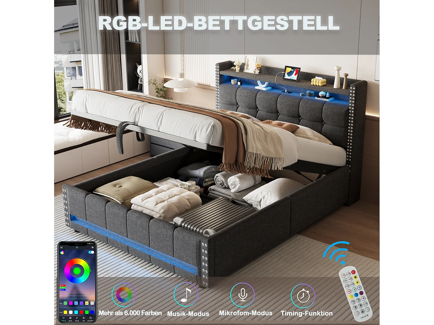 Cama contenedor 140 x 200 cm con cabecero y estantes - LEDs + toma USB - Tela de lino - Gris (sin colchón)