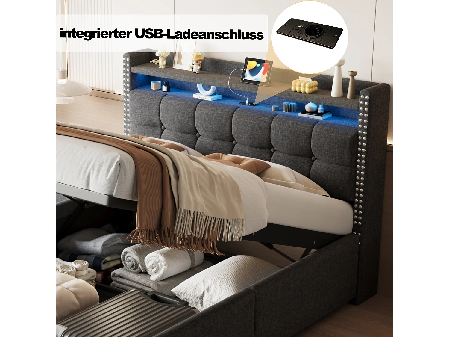 Cama contenedor 140 x 200 cm con cabecero y estantes - LEDs + toma USB - Tela de lino - Gris (sin colchón)