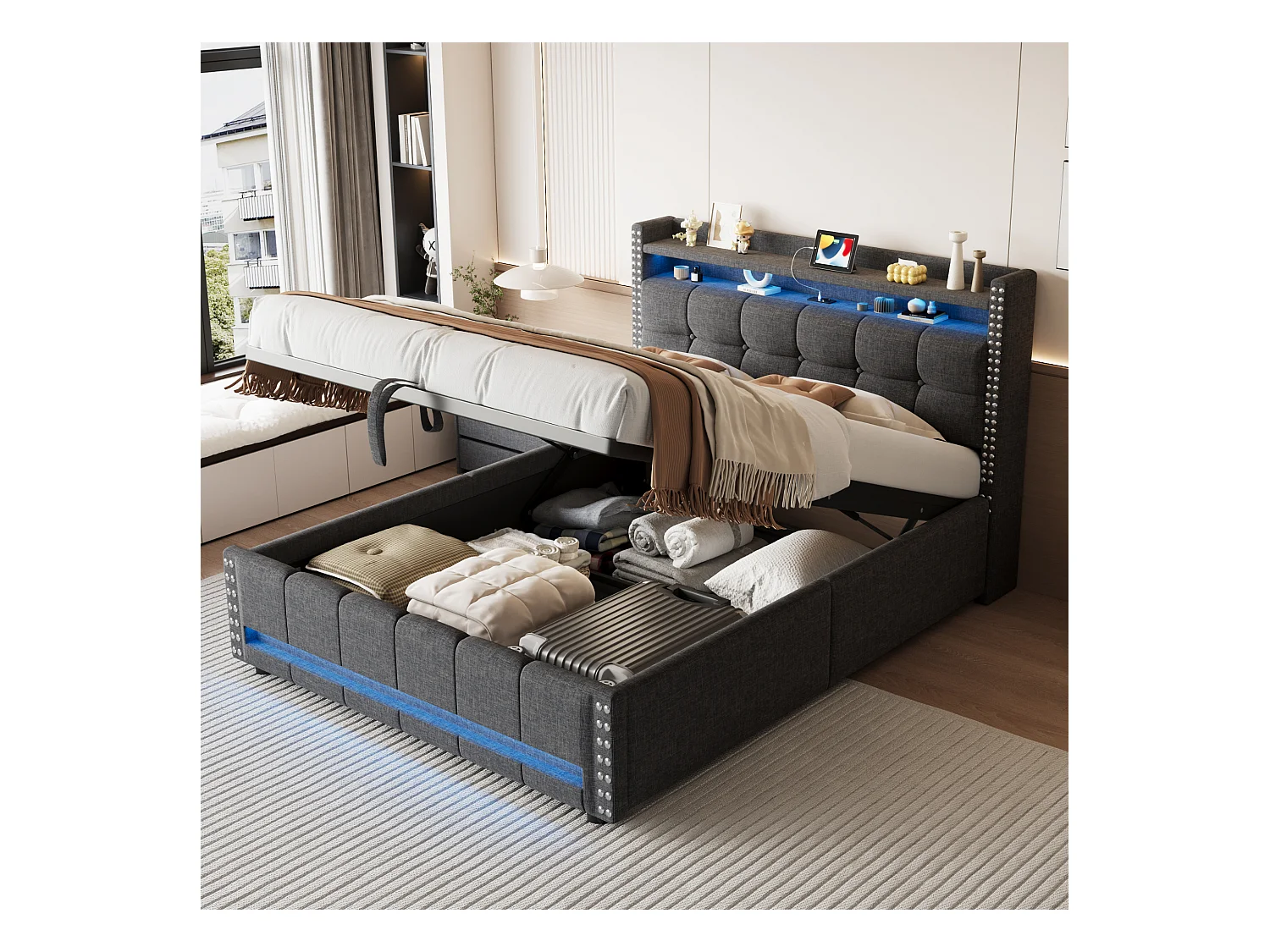 Opbergbed 140 x 200 cm met hoofdeinde en planken - LED's + USB-aansluiting - Linnenstof - Grijs (zonder matras)