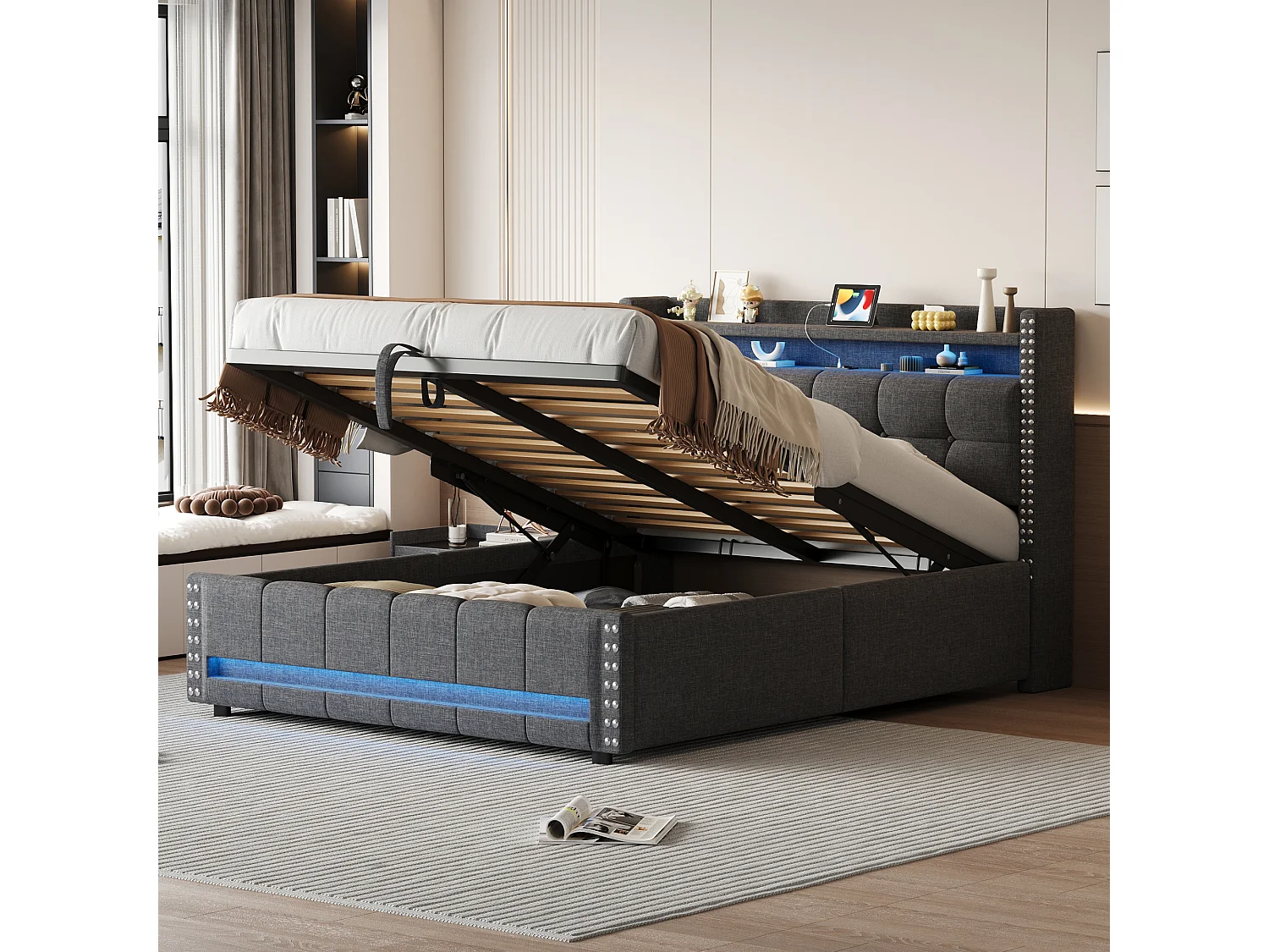 Lit coffre 140 x 200 cm avec tête de lit et étagères - LEDs + prise USB - Tissu en lin - Gris (sans matelas)