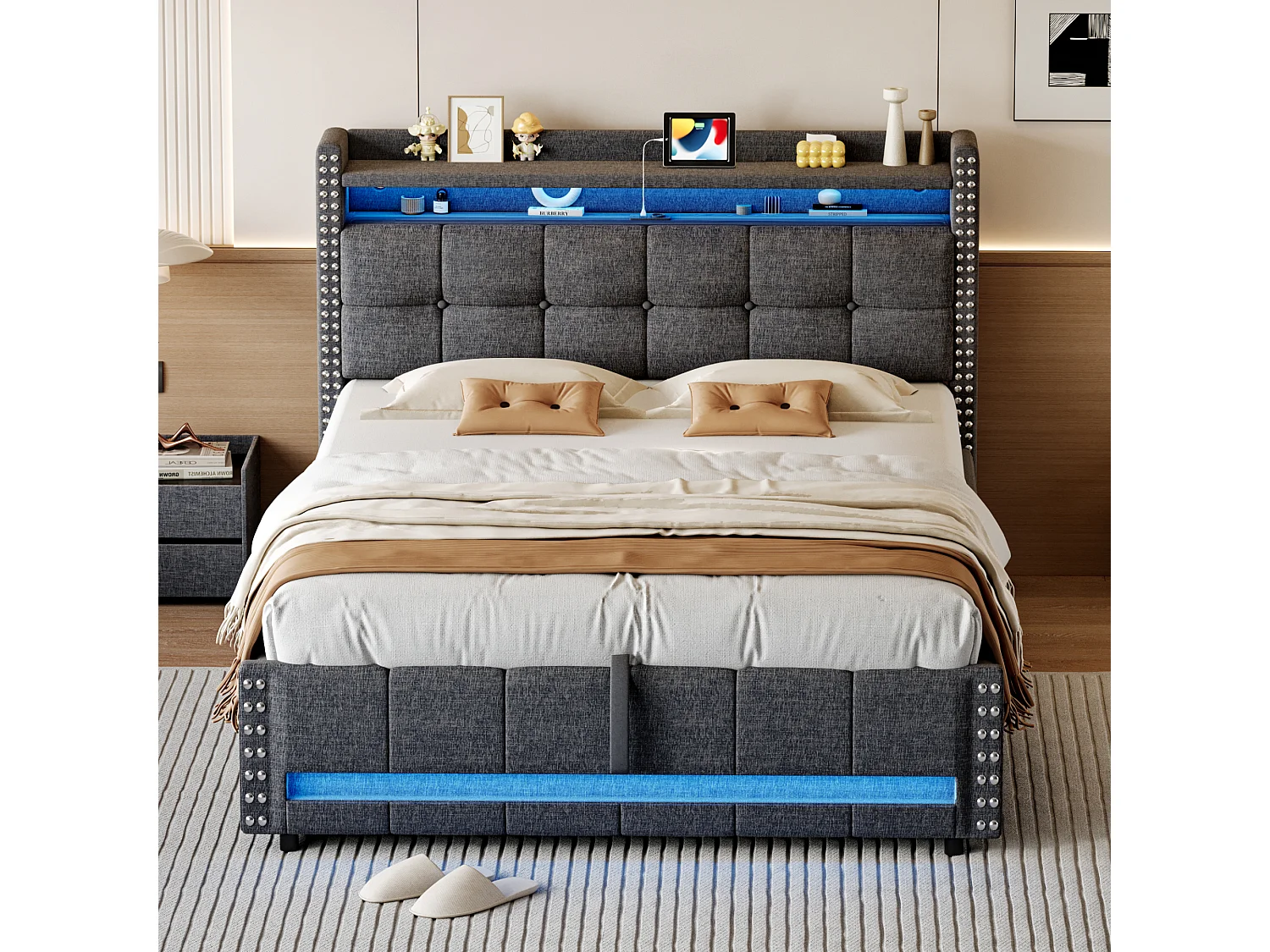 Lit coffre 140 x 200 cm avec tête de lit et étagères - LEDs + prise USB - Tissu en lin - Gris (sans matelas)