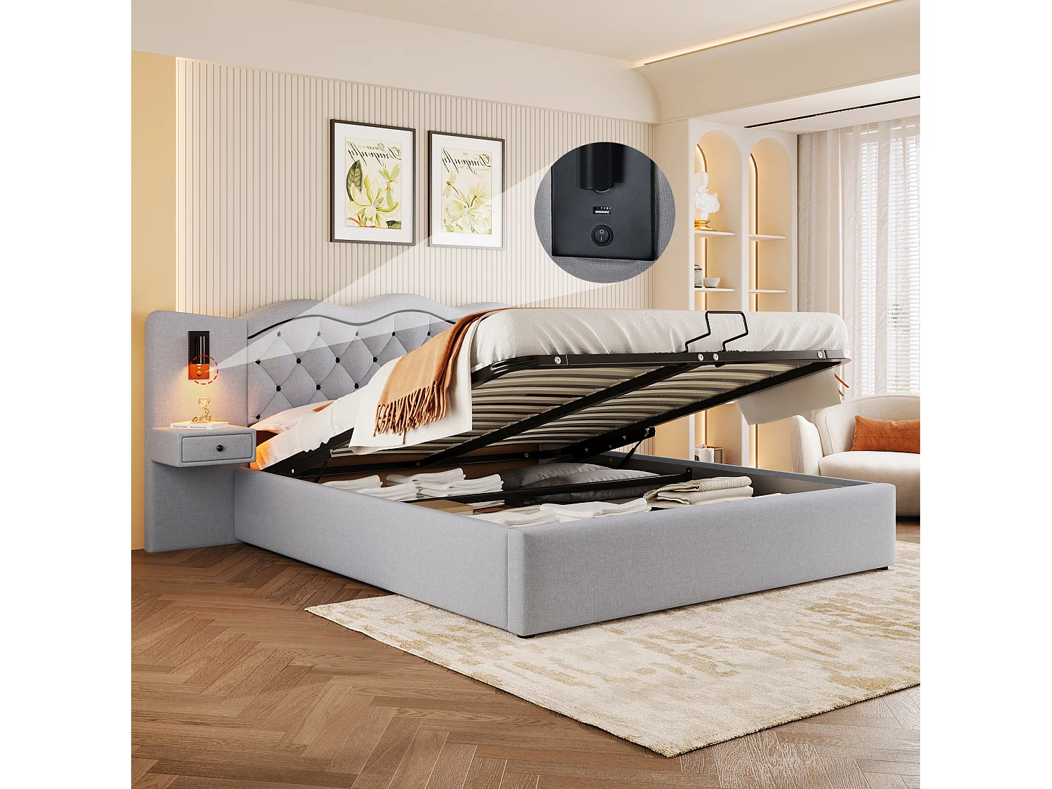 Letto contenitore 160 x 200 cm con testiera e comodini - Prese USB e 2 lampade da lettura - Tessuto di lino - Beige (senza materasso)