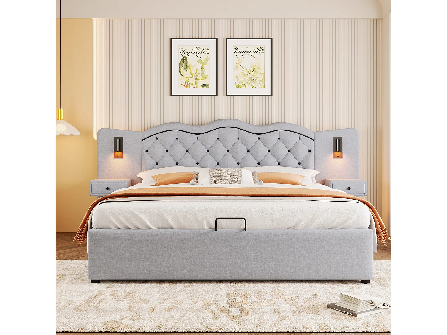 Letto contenitore 160 x 200 cm con testiera e comodini - Prese USB e 2 lampade da lettura - Tessuto di lino - Beige (senza materasso)