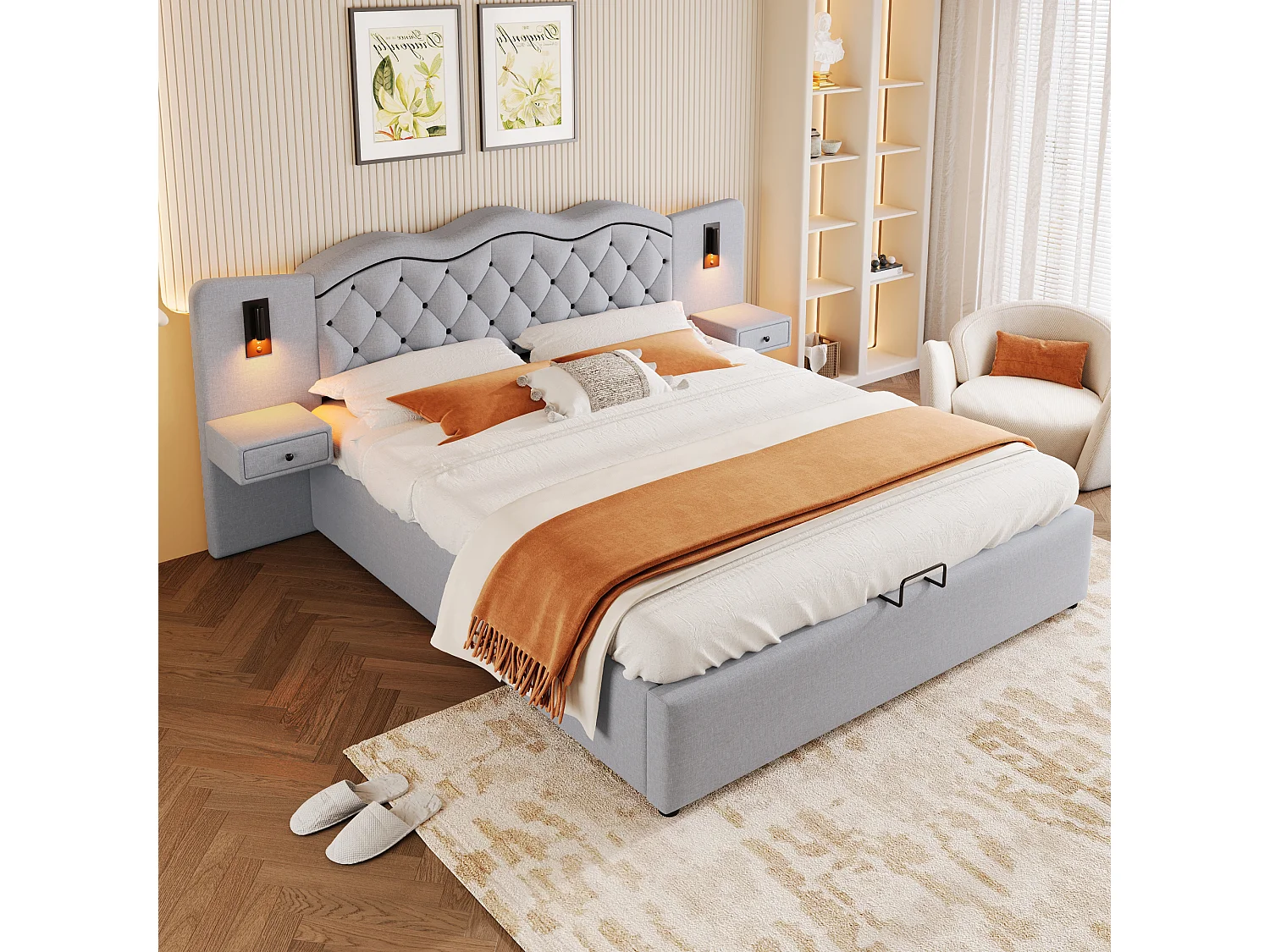 Letto contenitore 160 x 200 cm con testiera e comodini - Prese USB e 2 lampade da lettura - Tessuto di lino - Beige (senza materasso)