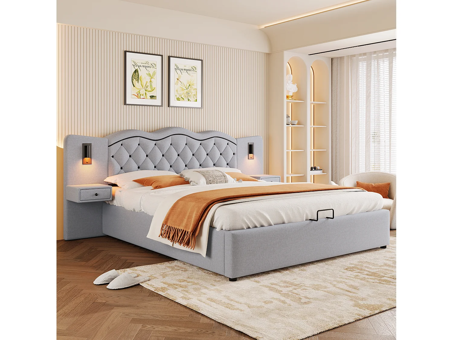 Letto contenitore 160 x 200 cm con testiera e comodini - Prese USB e 2 lampade da lettura - Tessuto di lino - Beige (senza materasso)