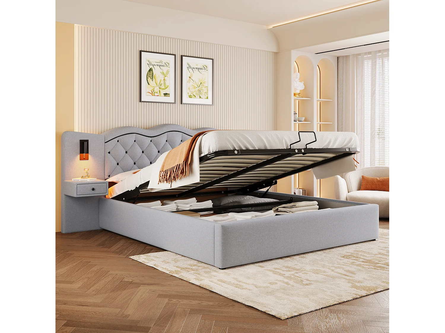 Letto contenitore 160 x 200 cm con testiera e comodini - Prese USB e 2 lampade da lettura - Tessuto di lino - Beige (senza materasso)