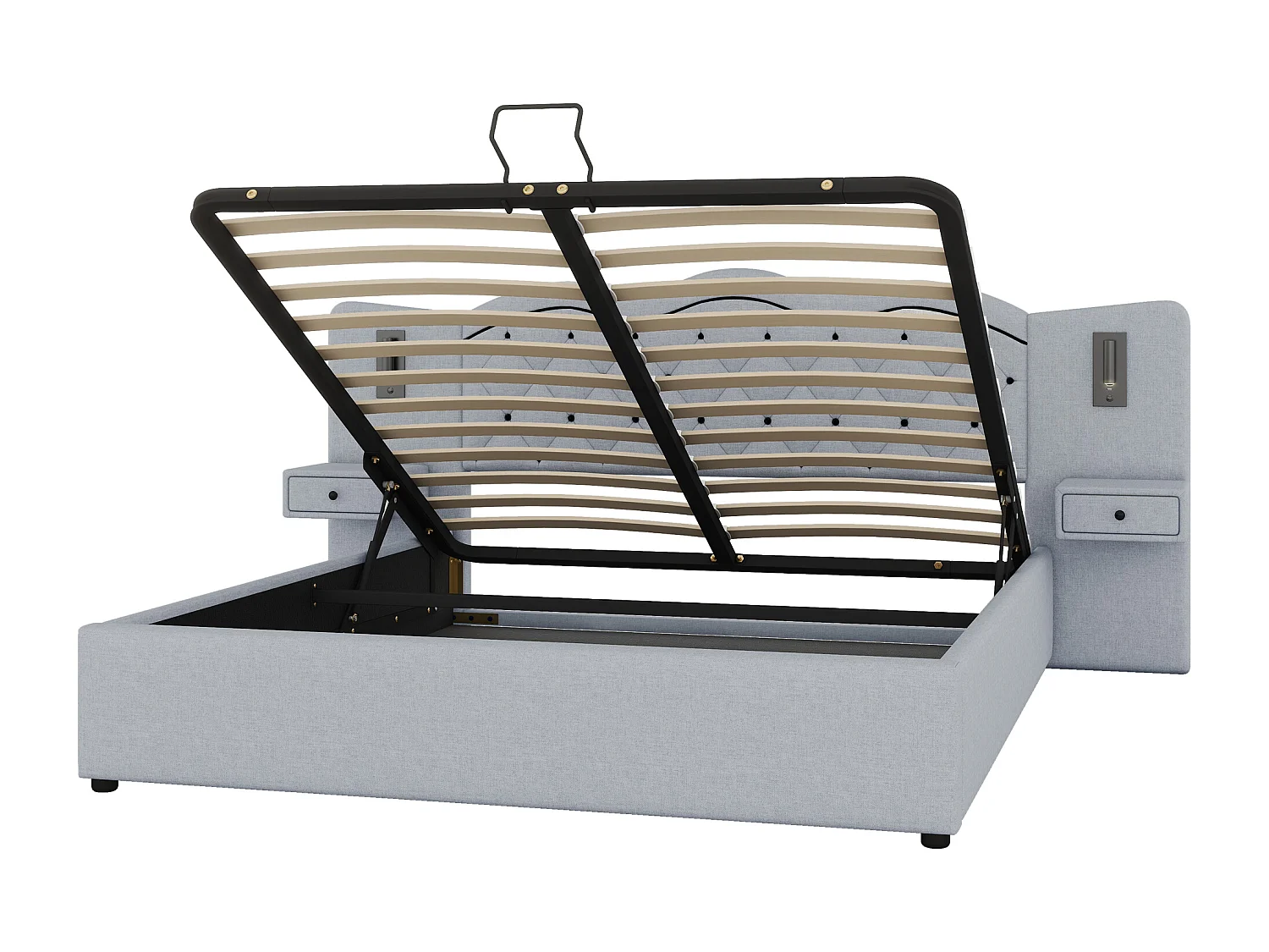 Letto contenitore 160 x 200 cm con testiera e comodini - Prese USB e 2 lampade da lettura - Tessuto di lino - Beige (senza materasso)